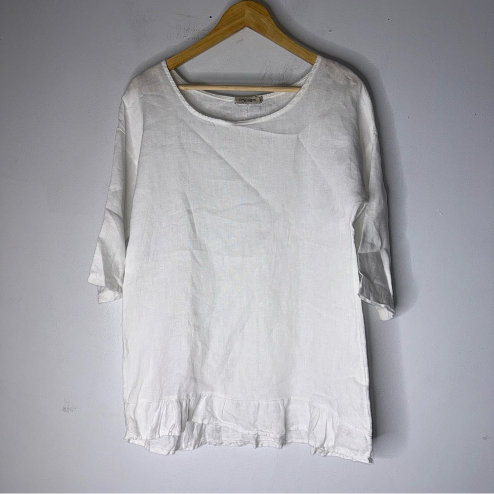 lungo l'arno linen White‎ 3/4 Sleeve Tunic Ruffle Hem Top Medium